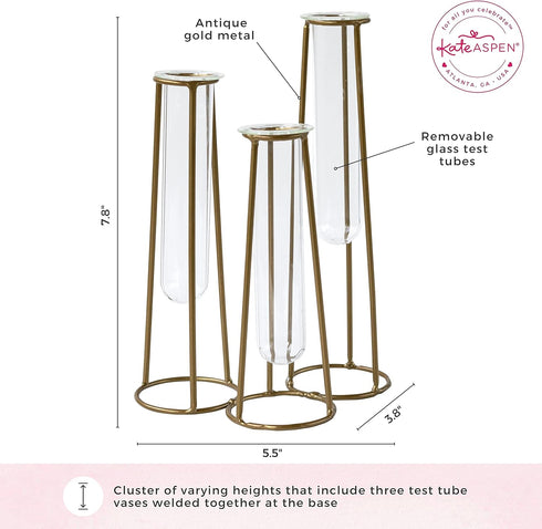 3 Propagation Station Terrariums with Gold Metal Stand - Kate Aspen Glass Test Tube Planters for Indoor Plant, Air