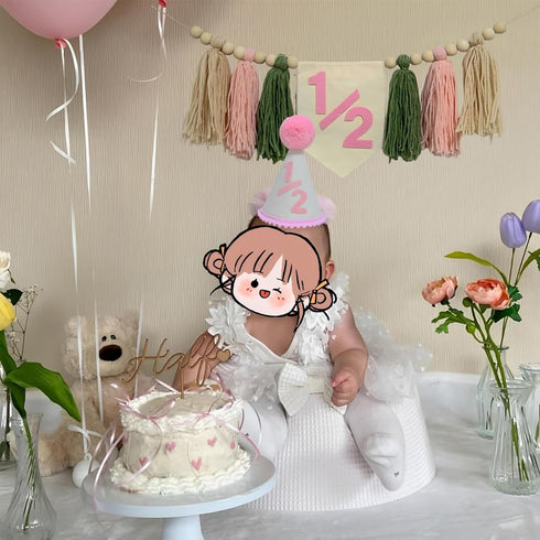 Cuvaho 1/2 6 1/2 1/2) Half Birthday Decorations Girl Pink Sage Green High Chair Banner with Half Birthday Hat for Month