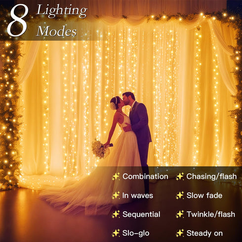 200 9.8 6.6FT 8 LED Curtain String Lights * Plug in Fairy with Timer and Modes, Waterproof Window Wall for Bedroom