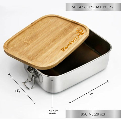 Premium Stainless Steel Bento Lunch Box, Eco-Friendly 28 oz Food Container with Leak-Proof Bamboo Lid and Cutlery