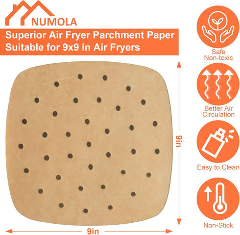 Numola 100 Pcs Air Fryer Liners Disposable Parchment Paper, 9 Inch Perforated Sheets for Baking, Non-Stick Steamer Liner