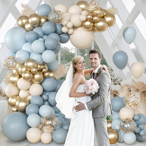 147pcs Dusty Blue Balloon Garland Arch Kit, Light Baby Blue Sand White Metallic Gold Confetti for Birthday Wedding