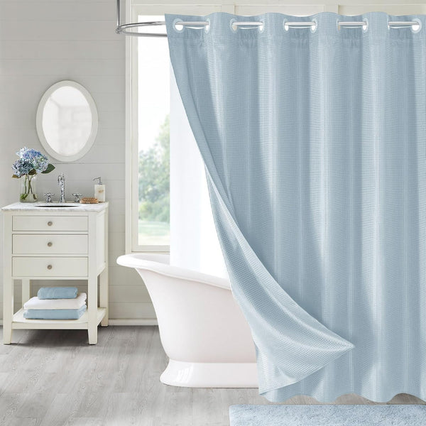 MitoVilla No Hooks Needed Extra Long Shower Curtain Liner Set, Blue 86