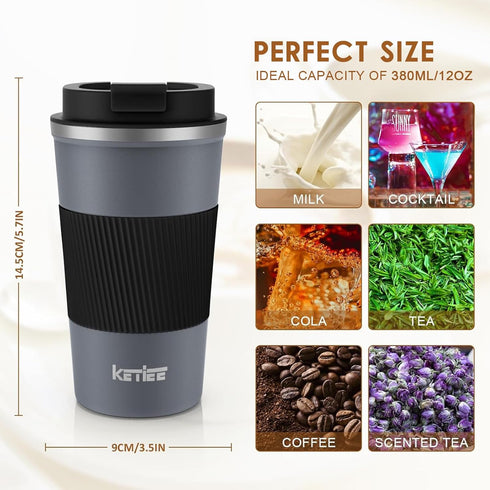 KETIEE Travel Coffee Mug, Spill Proof 12oz Insulated Reusable Coffee Cup with Seal Lid for Hot/Ice Drinks (Grey)