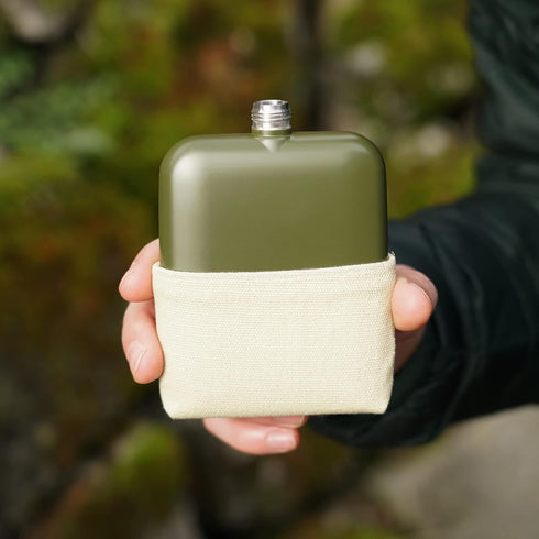 Foster & Rye 6oz Flask Whiskey Men-Stainless Steel Alcohol Matte Army Green with Canvas Wrap, Set of 1