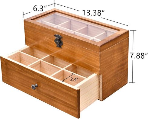 2-layer 14 WELLAND Wood Tea Bag Organizer, Storage Box with Clear Acrylic Window, Compartments Large Capacity Tea Bag