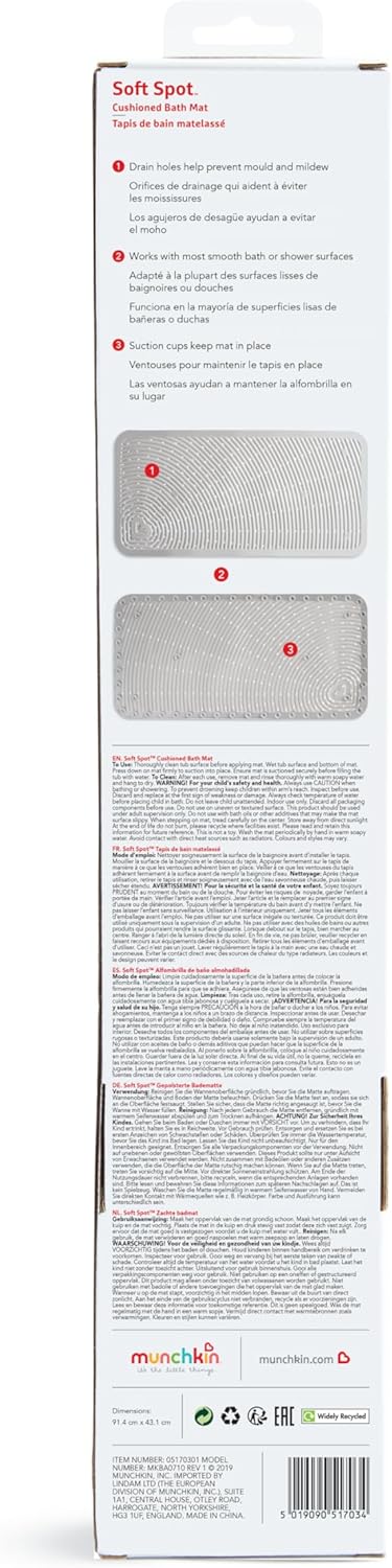 36"x17", Munchkin Soft Spot Baby Bath Mat for Tub, Cushioned Bathtub Mat for Toddlers and Kids, Grey