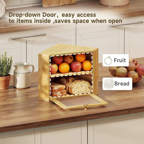 Vellzeyce Countertop,Large-Capacity Countertop Bamboo Bread Box for Kitchen Corner Bread Storage Container, Double