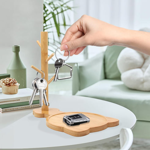 Wood Key Tray with 3 Stand Branch Vertical, Modern Cat Tray for Entryway Table, Valet Organizer for Livingroom, Bedroom