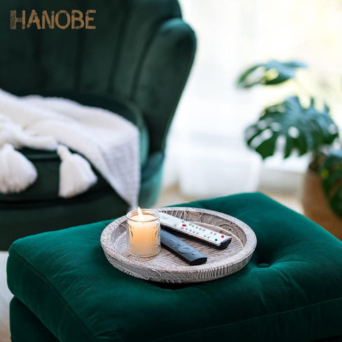 Set 2 Counter Hanobe Rustic Wooden Serving Tray of Round Wood Butler Decorative Tray Whitewash Centerpiece Candle