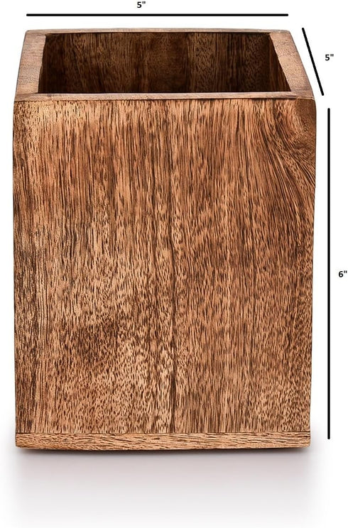 Mango Wood Burning Finished Utensil Holder for Kitchen Countertop, Container for Cooking Utensils (5"x 5"x 6")