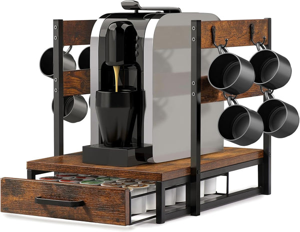 K Cup Holder Drawer, Coffee Pod Organizer for Counter, Sturdy K-Cup Storage Drawer with Mug Rack, 35 Pods Capacity,