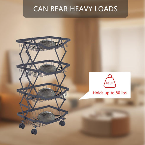 ULIKEUS 4 Tier Fruit Basket for Kitchen Stackable Metal Wire Fruit Vegetable Basket with Wheels Narrow Corner Rolling