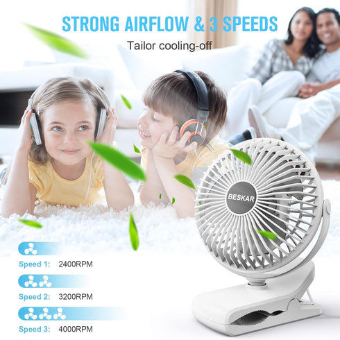 BESKAR Clip on Fan - 360° Rotation Quiet Stroller Fan with Strong Airflow, Portable Small Fan for Office, Bedroom