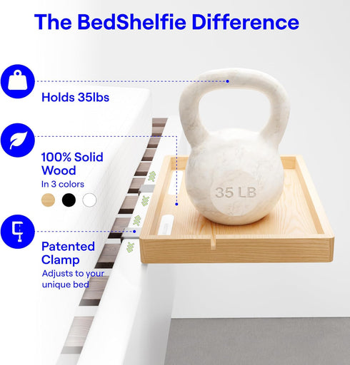 BedShelfie Wood Bedside Shelf for Bunk Bed & Top Bunk, College Dorm Room Essentials, Loft Nightstand, Floating Bed Side