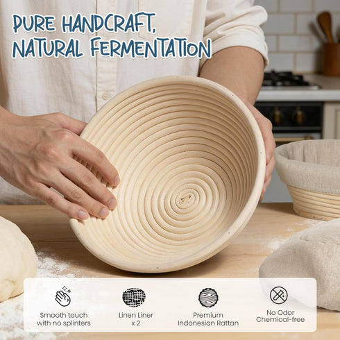 Set, 9 Inch 10 Inch RORECAY Bread Banneton Proofing Basket Round & Oval Cane Sourdough Baskets with Dough Whisk Lame