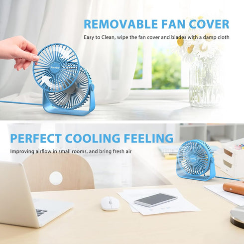 FARADAY USB Desk Fans, 5 Inches Portable Table Fan, 360° Head Rotation, Small Personal Desktop Fan, 3 Speeds, Blue