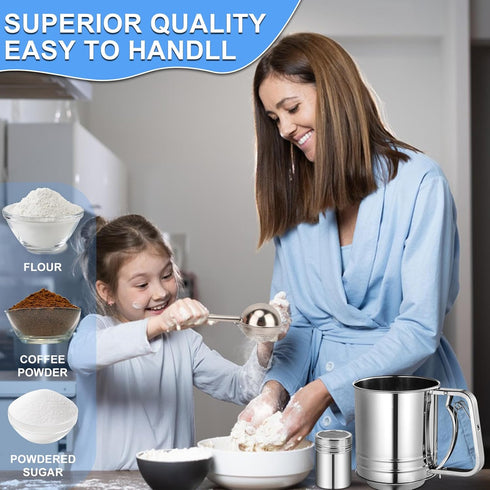 Stainless Steel Flour Sifter, 5 Cup 3 in 1 Sifter for Baking, Powdered Sugar Shaker Duster for Desserts