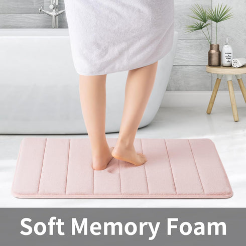 ROSMARUS Memory Foam Bath Mat 17” x 24”, Non Slip Washable Bathroom Rugs, Ultra Soft for Shower, Pink