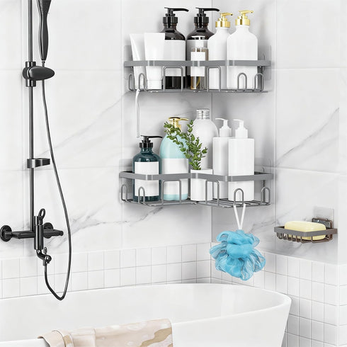 Moforoco Corner Shower Caddy Shelf Organizer Rack, Self Adhesive Grey Bathroom Shelves Basket, Home Wall Shower Inside