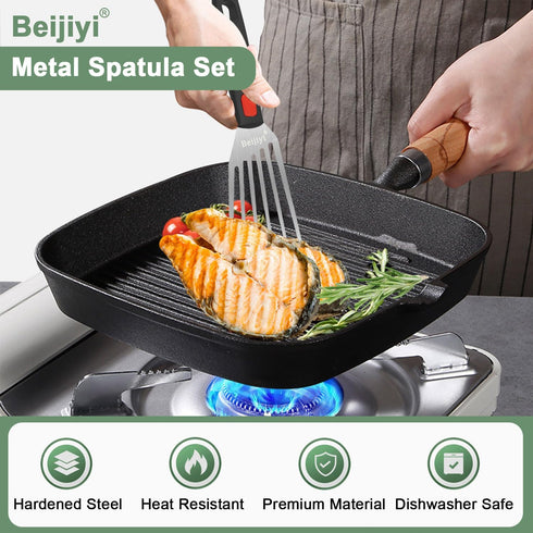Beijiyi Stainless Steel Spatula Set, Heavy Duty Small Metal Spatula for Cooking Cast Iron Skillet with Silicone Handle - Griddle Grill Kitchen Spatula Flipper for Pancake, Fish, Smash Burger and Egg by Beijiyi