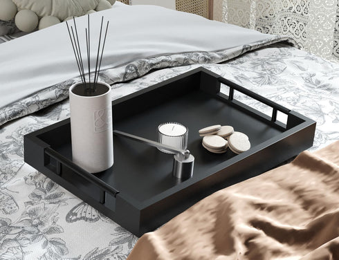 Handles,15x10in Fibogollo Bamboo Serving Tray with Metal Ottoman Decorative Trays Platter for Coffee Table,Living