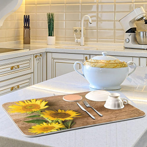 Absorbent Dish Drying Mat for Kitchen Counter, Yellow Sunflower Microfiber Reversible Drainer Mat (Medium 16 x 18 inch)