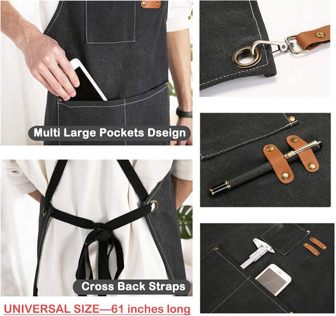 Chef Apron, Cross Back Cotton Canvas Apron for Women and Men with Adjustable Straps and Large Pockets