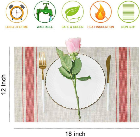 GIVERARE Placemats Set of 4, Stripe Red Heat-Resistant Woven Vinyl, Non-Slip Washable PVC Table Mat for Dining