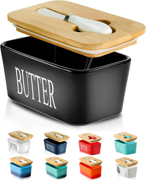 Hasense Butter Dish with Lid, Large Black Ceramic Butter Keeper with Knife for Countertop, Airtight Refrigerator Storage