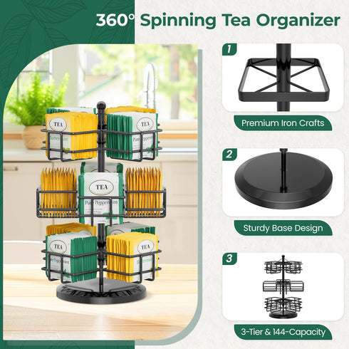 Counter 3 Packet EsLuker.ly Tea Bag Holder Organizer for Tier Metal Teabag Storage Rack, Spinning Carousel Display