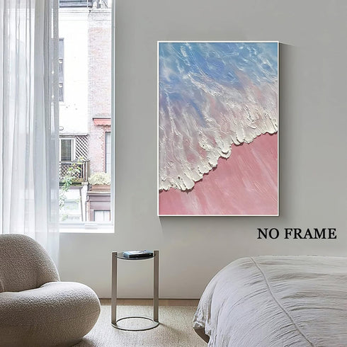 Pink Beach Canvas Wall Art, Abstract Blue Ocean Painting, Pink Blue Seascape Decor 16x24inch No Frame