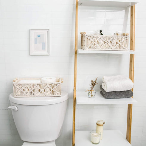 Countertop Set 2, Mkono Macrame Storage Baskets Boho Decor Box Handmade Woven Decorative Toilet Tank Shelf Cabinet