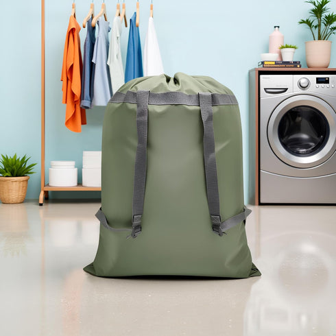 Army Green Laundry Bag Backpack, 27” x 34” Heavy Duty with Shoulder Straps, Drawstring Closure for College, Travel