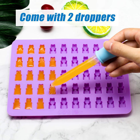 Gummy Bear Candy Molds Silicone Set of 4, Non-Stick Molds with 2 Droppers, Mini Dinosaur, Bear Shape, Hearts, Donut