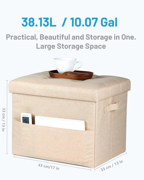 17x17x13 Inches, Bsketa Storage Ottoman Foot Rest, Folding Linen Cotton Ottoman with Storage with Side Pockets