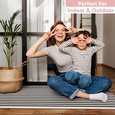 Collive Black and White Striped Door Mat, 27.5" x 43.3", Reversible Washable Front Porch Rug for Indoor Outdoor