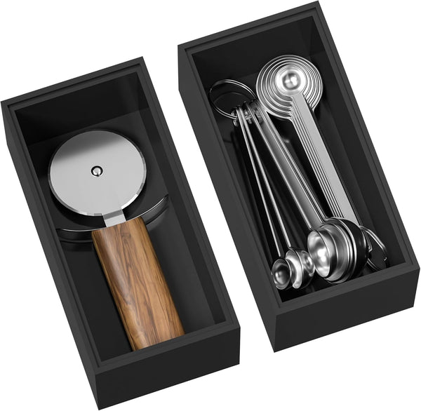 Black Bamboo Kitchen Drawer Organizer Bins for Silverware, Utensils, Cutlery, Stackable Storage