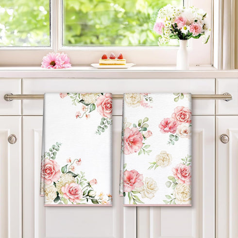 15.7 23.6 Inch, Pink Flower Microfiber Kitchen Towels, Soft Absorbent Watercolor Floral Hand Towel Thick Dish Cloth