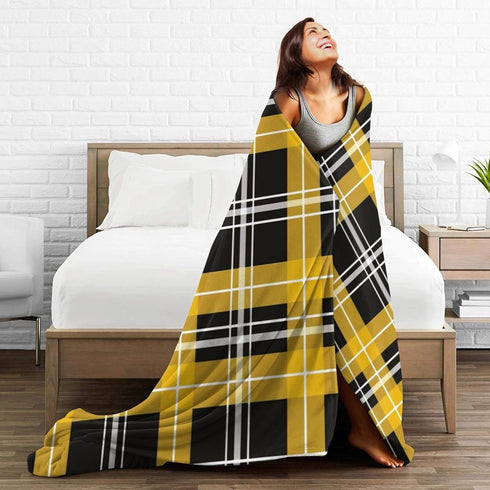 HSYOYO 80"x60" Yellow Black Plaid Throw Blanket Fluffy Fleece Blankets Soft Lightweight Travel Blanket Indoor Outdoor