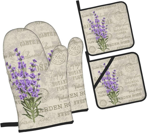 Lavender Flowers Elegant Postcard Vintage Oven Mitts and Pot Holders Sets of 4 High Heat Resistant Oven Mitts with Oven Gloves and Hot Pads Potholders for Kitchen Cooking BBQ Non-Slip Cooking Mitts by LONSANT