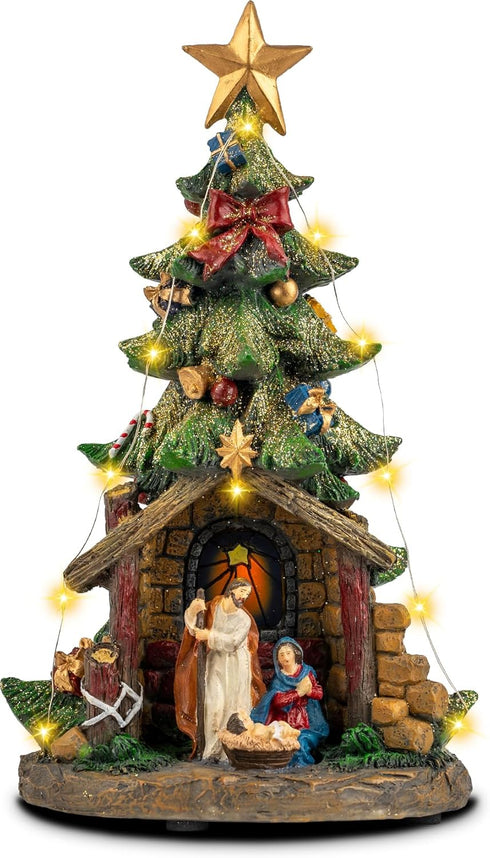 VISFLAIR 12'' Christmas Tree Lighted Manger Nativity Scene, Musical Holy Family Collectible