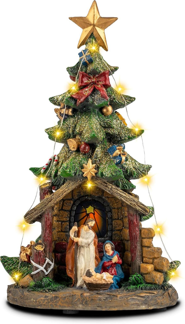 VISFLAIR 12'' Christmas Tree Lighted Manger Nativity Scene, Musical Holy Family Collectible