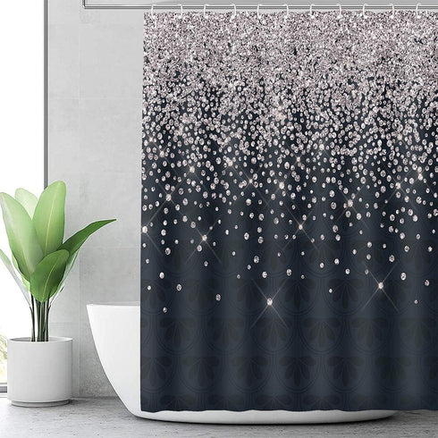 Silver Gray Bokeh Shower Curtain, Falling Snow Night Sky Stars 3D Printed Fabric Bathroom Curtain, 70 x 72 Inch