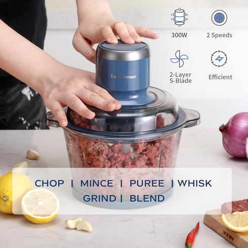 La Reveuse Food Processor, Electric Chopper with 7-Cup Glass Bowl, 300W, Blue