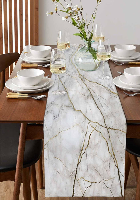 Marble Table Runner, Long 72 Inch Cotton Linen White Gray Gold Texture Scarves for Kitchen, Dining, Sofa, Home Decor