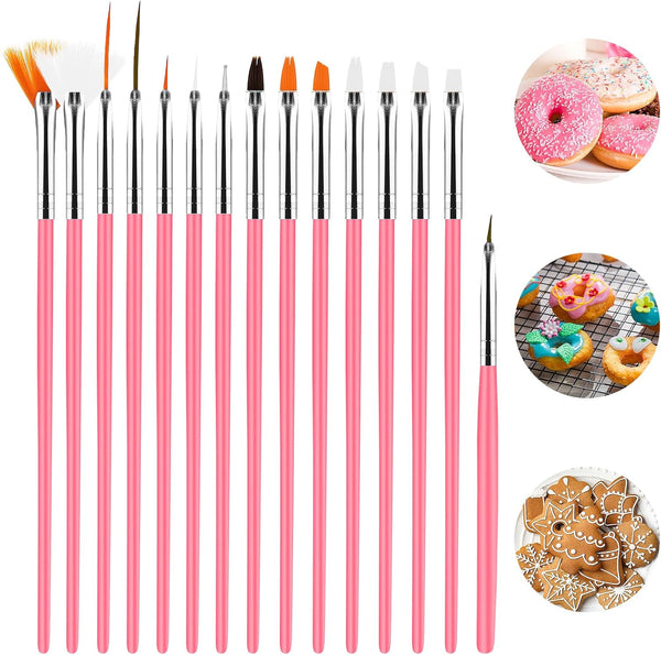 15pcs Cake Painting Brushes Kit, Food Safe Paint Brush Tools for Cookie Cake Decoration (Pink)