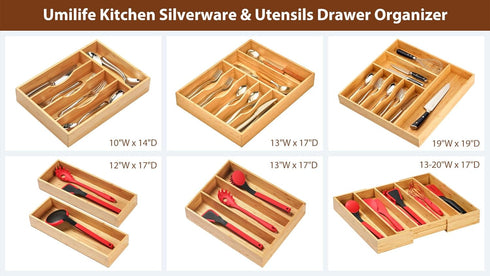 Umilife Bamboo Kitchen Drawer Organizer, 7 Inch Utensils Tray Holder for Small Drawer, Wood Caddy for Flatware Cutlery