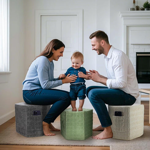 2 Hexagon Pouf Ottoman Stuffed with Pockets & Handle, Comfort Corduroy Poufs, Non-Slip Foot Stool Storage Ottoman, Foam