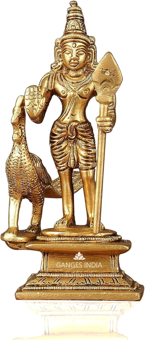God Murugan Swami Miniature Brass Statue with Peacock, Handcrafted Decor Item for Home, Temple, Gifting, 2.25 x 3 x 4.3